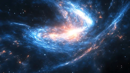 Twin spiral nebulae collide in luminous blue and ember light.