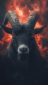 Black goat head with flaming red background fills frame