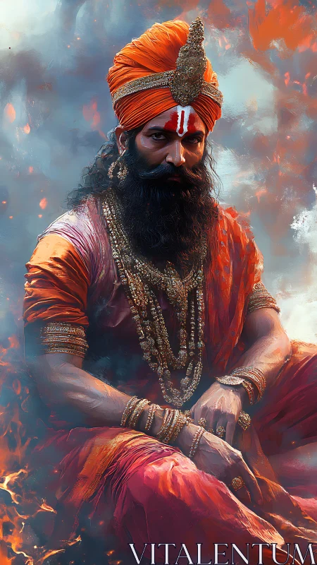 Fire crowned mystic king seated in ember bright stillness.