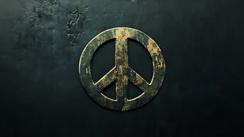 Weathered gold peace symbol on dark textured background.