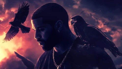 Digital portrait of brooding man with ravens at sunset.