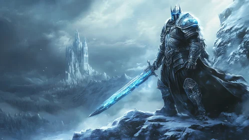 Frozen death knight guards icy citadel in blizzard panorama.