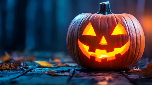 Illuminated carved pumpkin on wooden surface at dusk.
