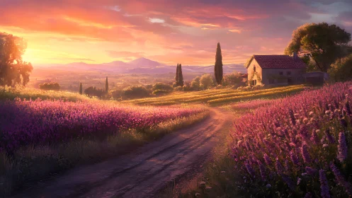 Sunlit lavender path winds toward a tranquil countryside home