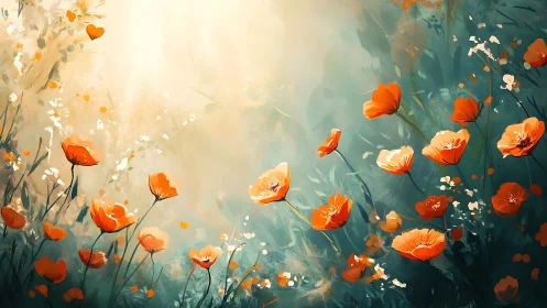 Sunlit poppies lean into a painted breeze of turquoise air
