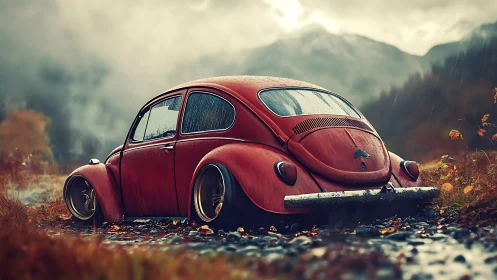 Weathered red beetle resting quietly in rainy mountain mist.