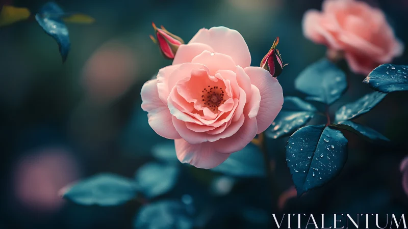 Pink rose with dark foliage and water droplets photographed in focused detail
