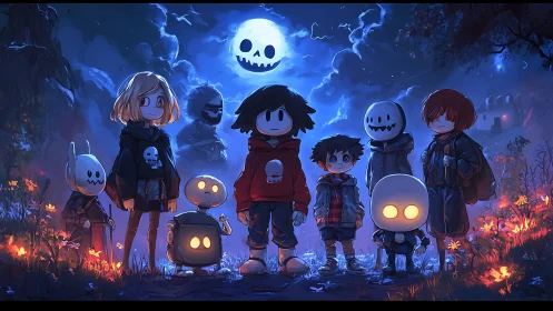 Moonlit friends share a spooky-sweet night under glowing skies