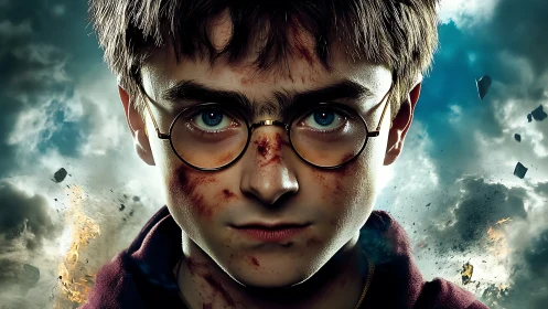 Battle-worn young wizard portrait in stormy cinematic sky.