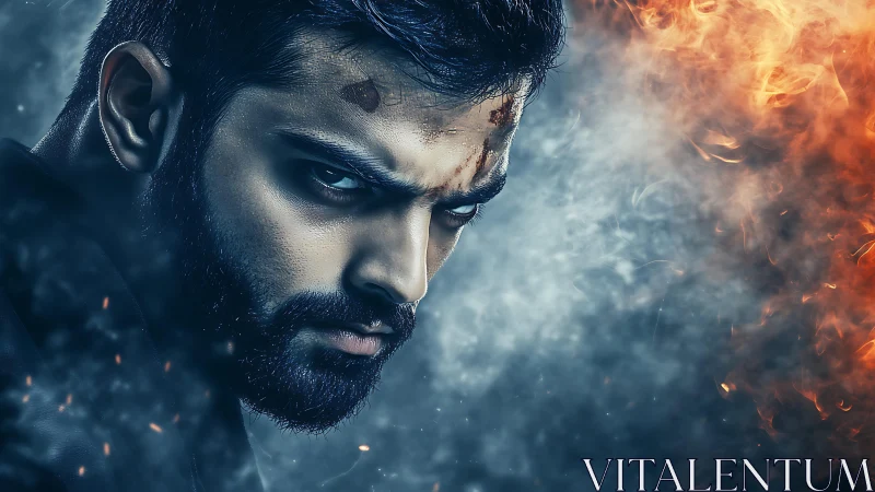 Glacial calm wrestles wildfire rage across his burning gaze