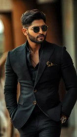 Stylish man in black suit with sunglasses in warm light.