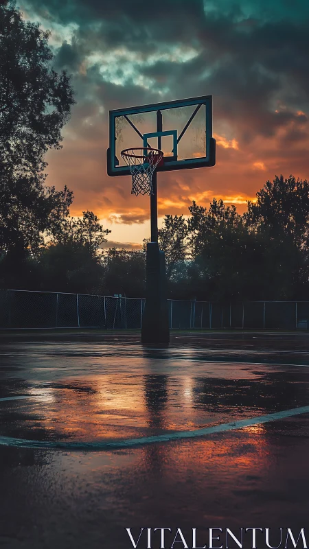 Outdoor basketball hoop stands over wet court at sunset