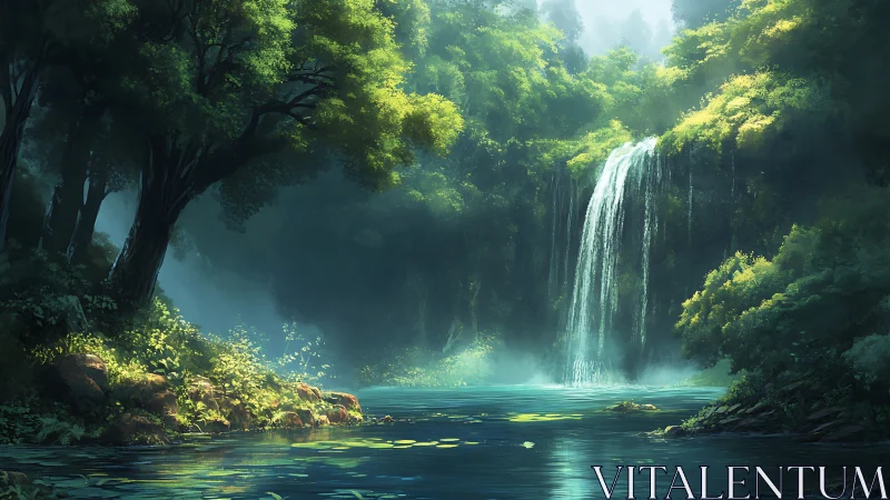 Luminescent Waterfall Cascading Through Ancient Forest Canopy.