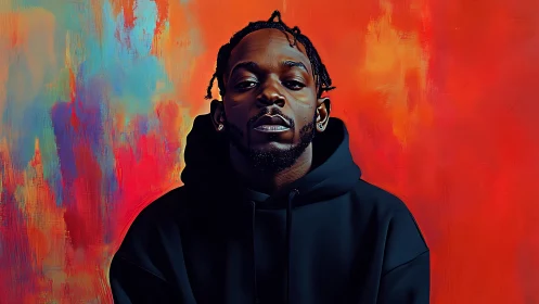 Portrait of a hooded man against vivid abstract backdrop.