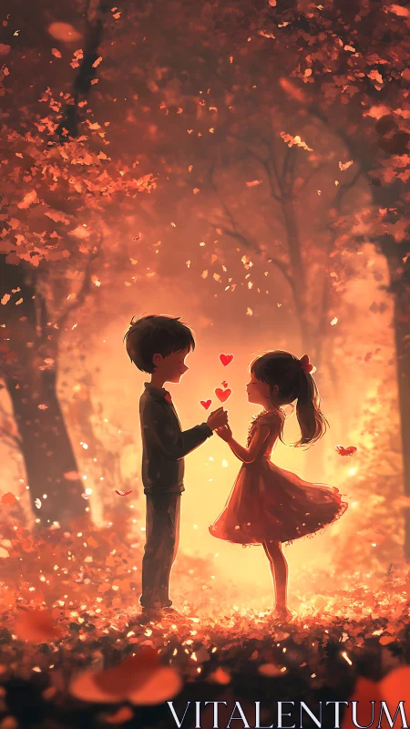 Two children exchange hearts in burning autumn forest