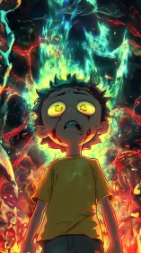 Molten-eyed child stands before a roaring infernal cosmos