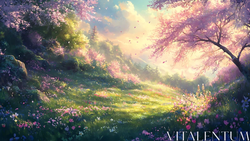 Sunlit cherry blossom meadow with glowing spring blooms.