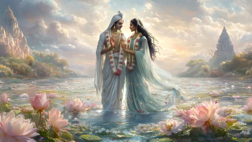 Two Figures in Ornate Attire Standing Among Water Lilies.