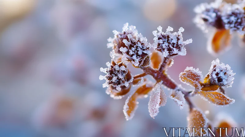 Frost crystals covering dried winter plant in close-up.