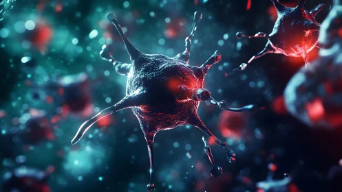 Close-up of virus cells in a digital science illustration, vibrant colors.