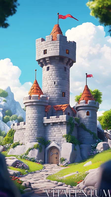Fairytale stone castle tower rises over lush mountain valley