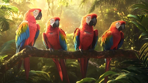 Four Vibrant Scarlet Macaws Perched in Lush Jungle at Sunrise.