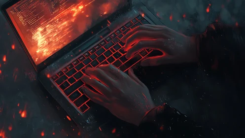 Midnight code pyromancer at a burning neon keyboard.