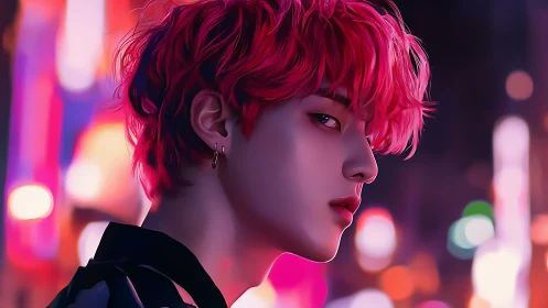 Profile view of red haired figure in neon city setting.