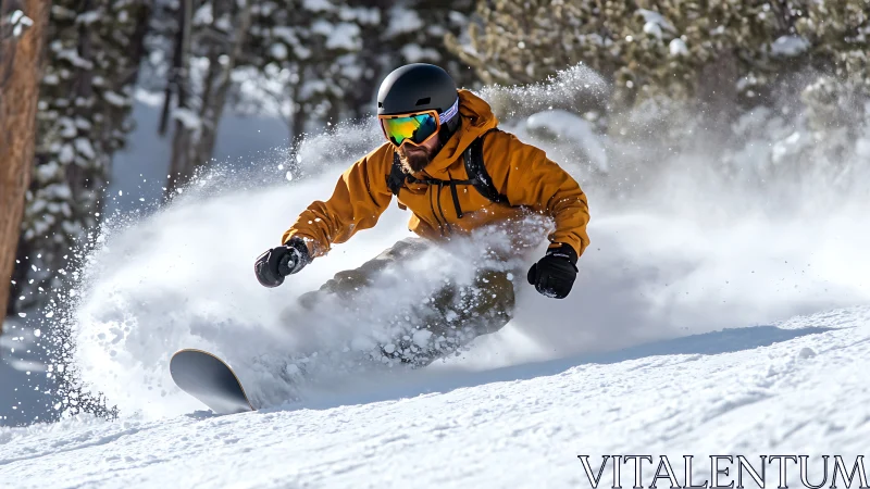 Snowboarder carves powder on steep forested mountain slope