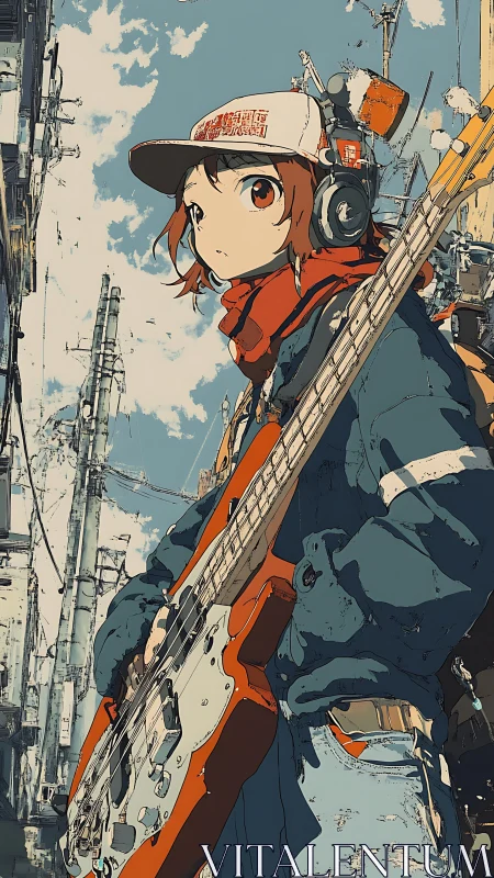Street sky hums as headphone kid shoulders orange bass
