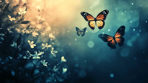 Butterflies move through glowing bokeh above dim flowers