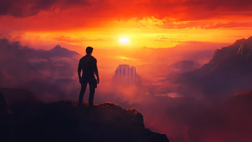 Solitary explorer facing blazing valley sunrise vista.