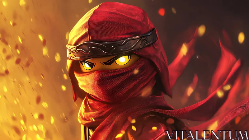 Masked red ninja figure in glowing ember filled scene.
