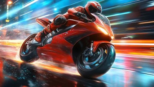 Red motorcycle racer carving neon streaks through the night.