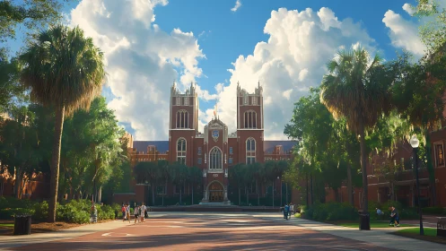 Brick campus hall rises under dramatic clouds at sunset