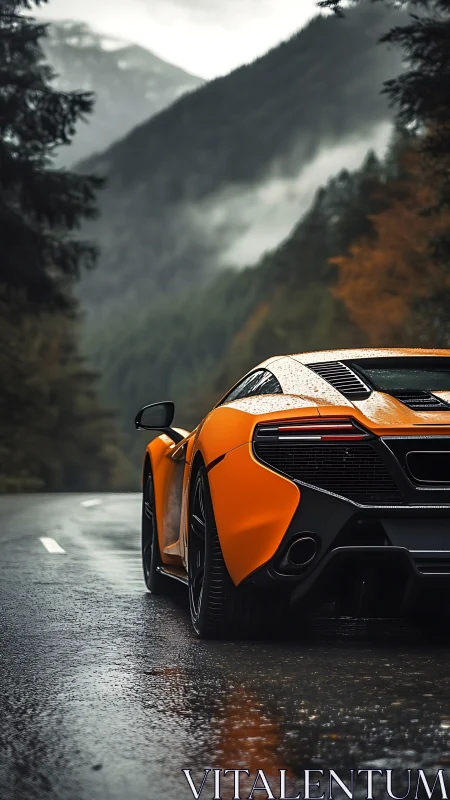 Orange supercar on wet mountain road under misty peaks.