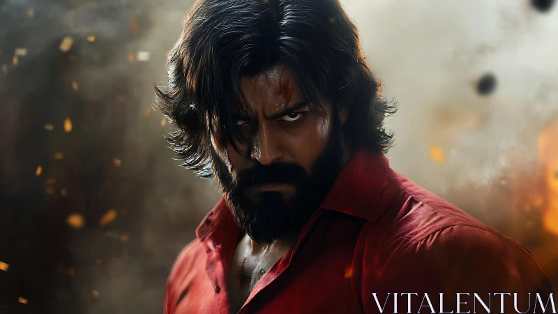 Bearded long haired man in red shirt amid smoky sparks.