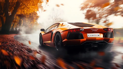 Orange sports coupe on wet forest road in autumn conditions.