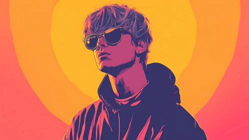 Stylized portrait of hooded figure with sunglasses, sunset tones.