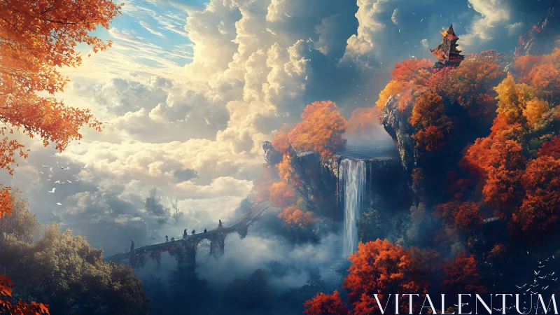 Autumn cliffs, misted waterfall and pagoda above cloud sea.