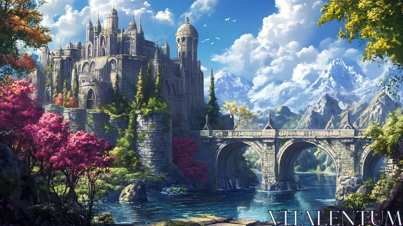 Sunlit fantasy castle crowns a river valley of vivid color