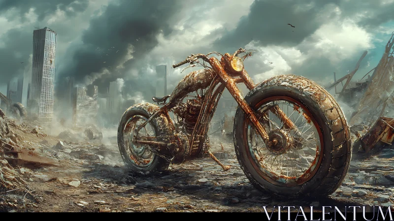 Rusted motorcycle stands in desolate post apocalyptic ruins.