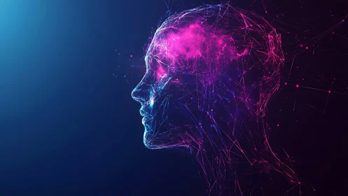 Neon wireframe head silhouette visualizes glowing digital mind