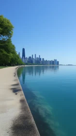 Urban shoreline with concrete path and distant high-rises