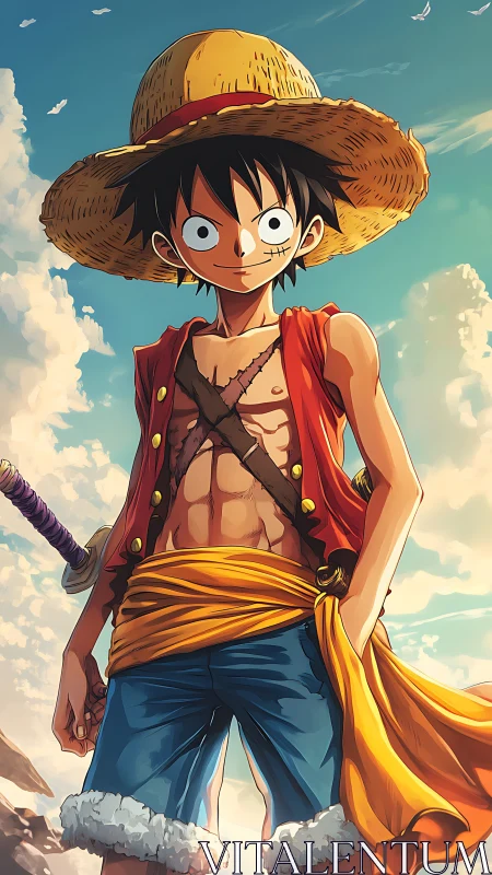 Straw-hatted adventurer stands under a bright summer sky.