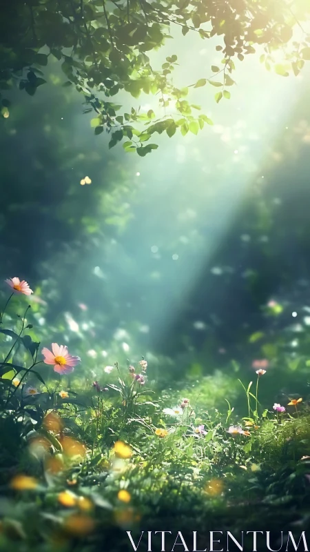 Backlit woodland wildflower glade with volumetric sunbeams