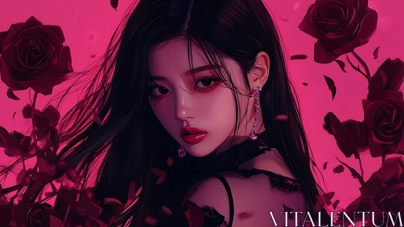 Digital portrait of woman with roses on vivid magenta ground.