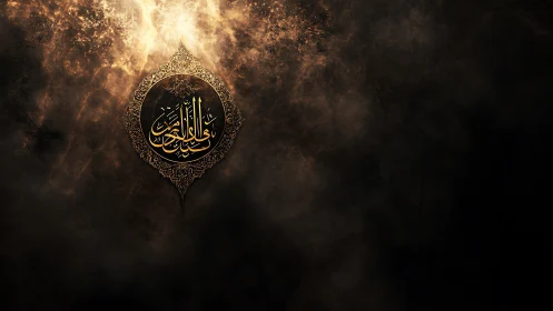 Arabic calligraphy medallion on dark textured background.