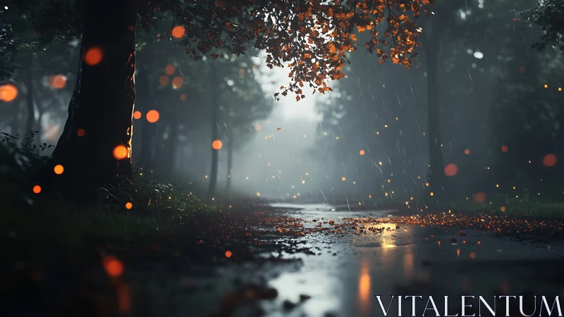 Rainy Path Through Autumn Glow and Misty Light.