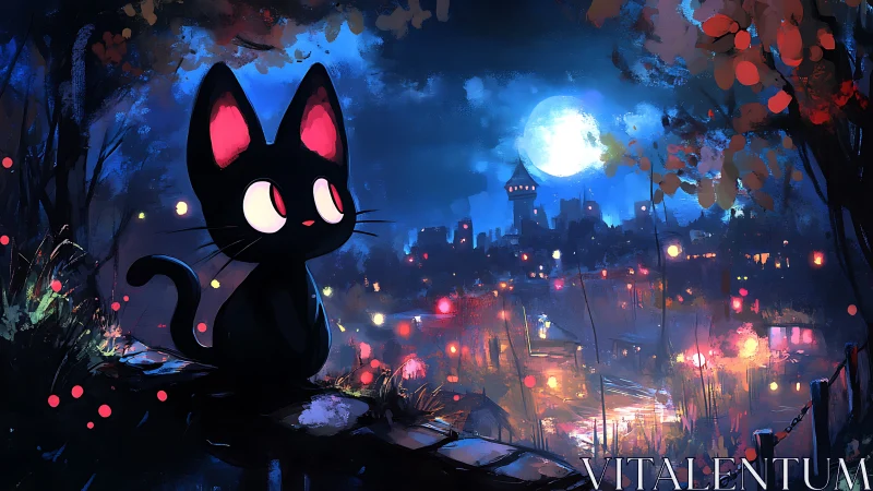 Black cat observes illuminated riverside city under vivid moonlight
